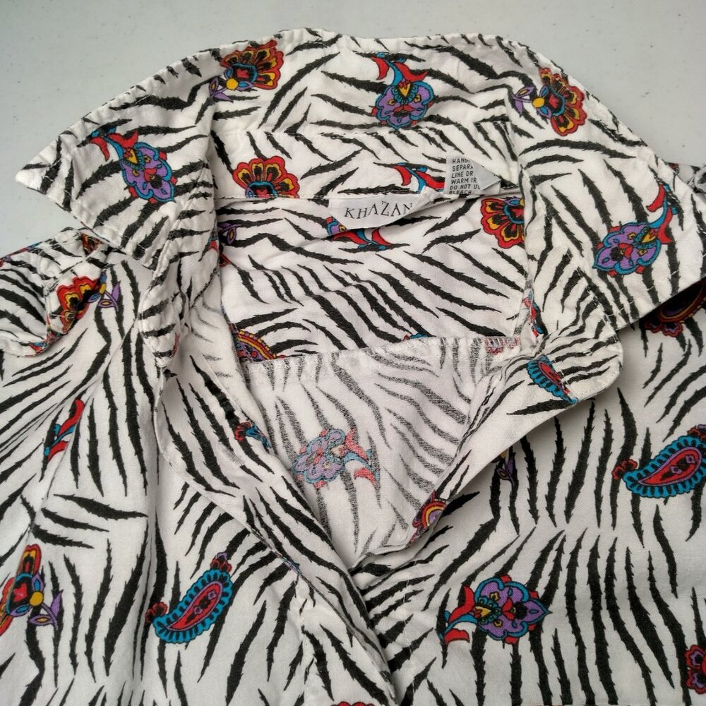 Vintage 1980s Khazana Blouse Shirt Medium Zebra Print Paisley Safari Short Slv - Picture 13 of 13